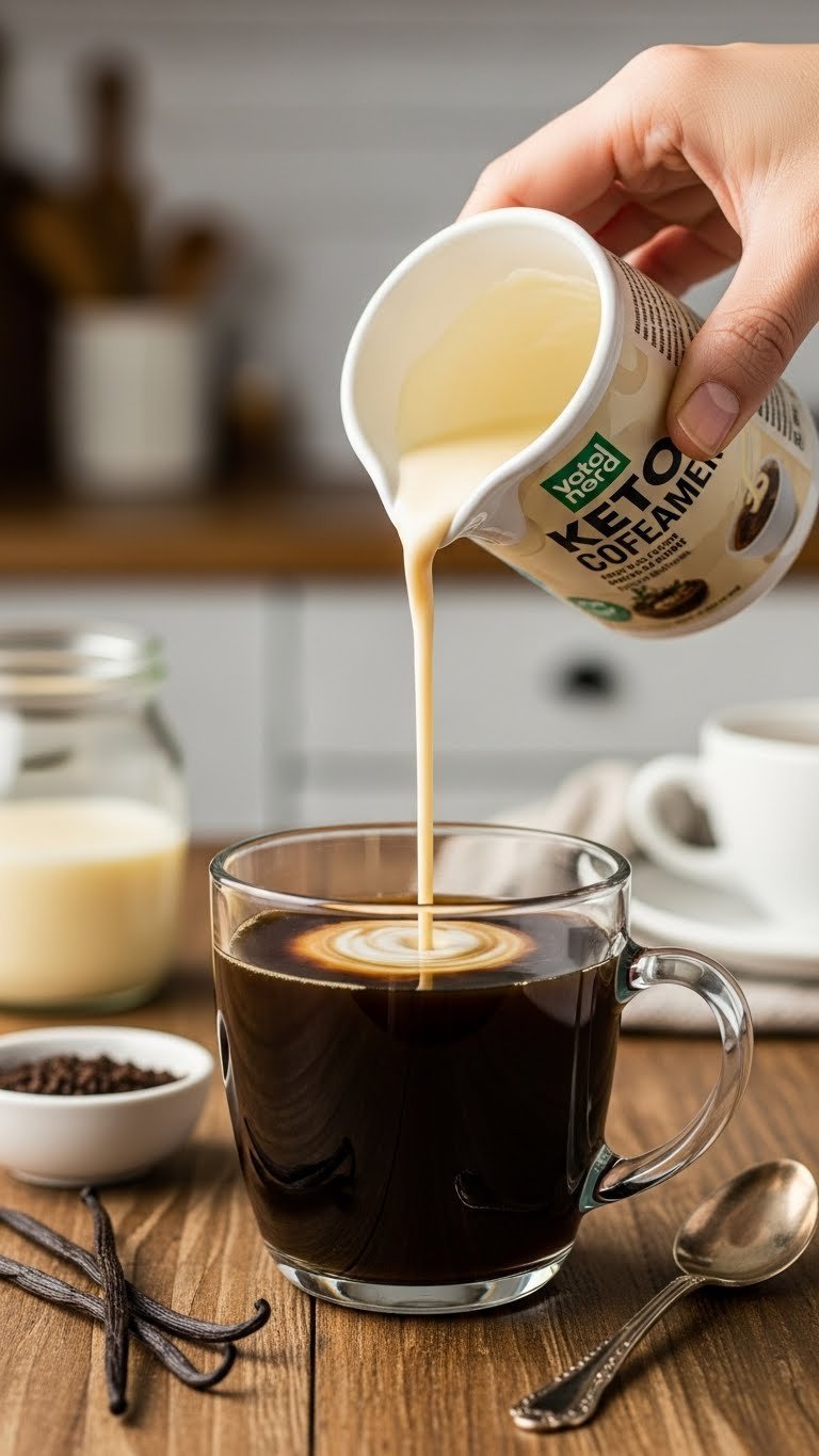 Vanilla keto coffee creamer being poured into steaming black coffee creating creamy swirl with vanilla bean flecks on rustic wooden table