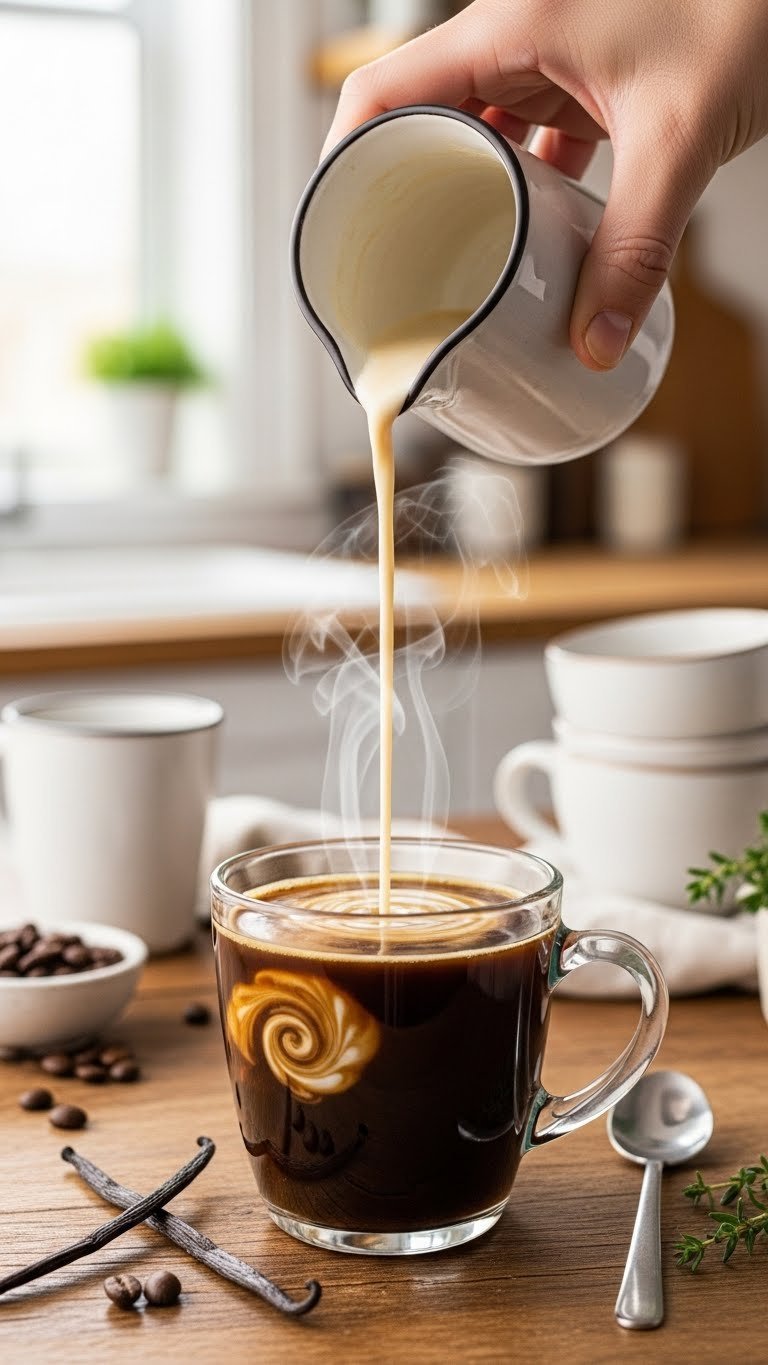 Vanilla keto coffee creamer being poured into steaming dark coffee with swirling effect on rustic wooden table
