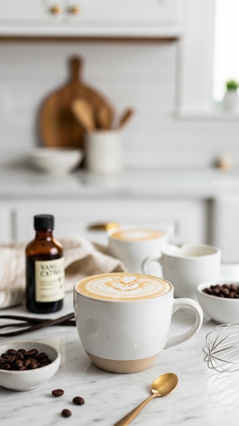 Vanilla keto latte in chic ceramic mug with frothed cream swirl and vanilla bean flecks on marble countertop.