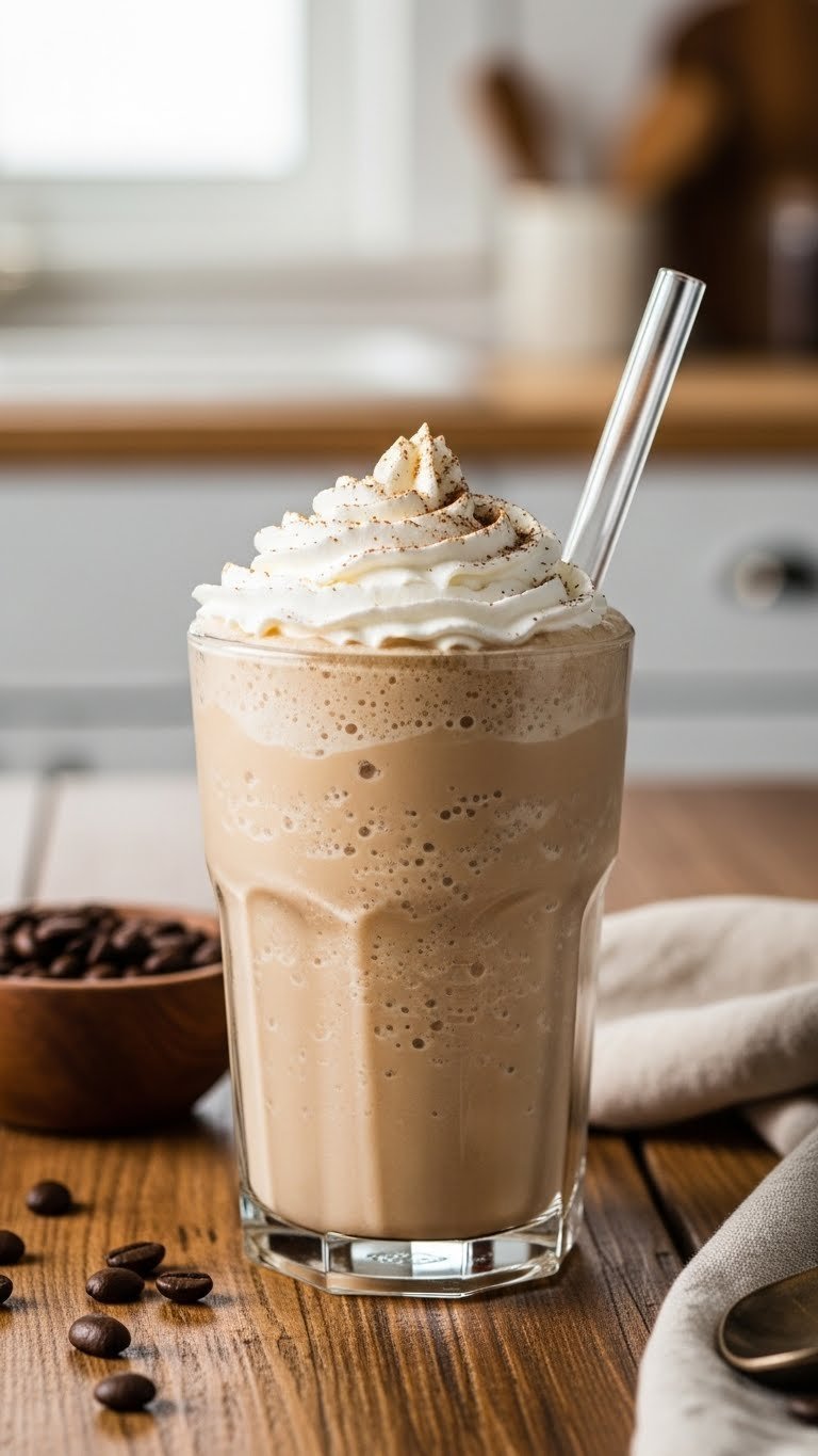 Vanilla protein coffee frappe with whipped cream and cinnamon on a rustic wooden table for healthy lifestyle.