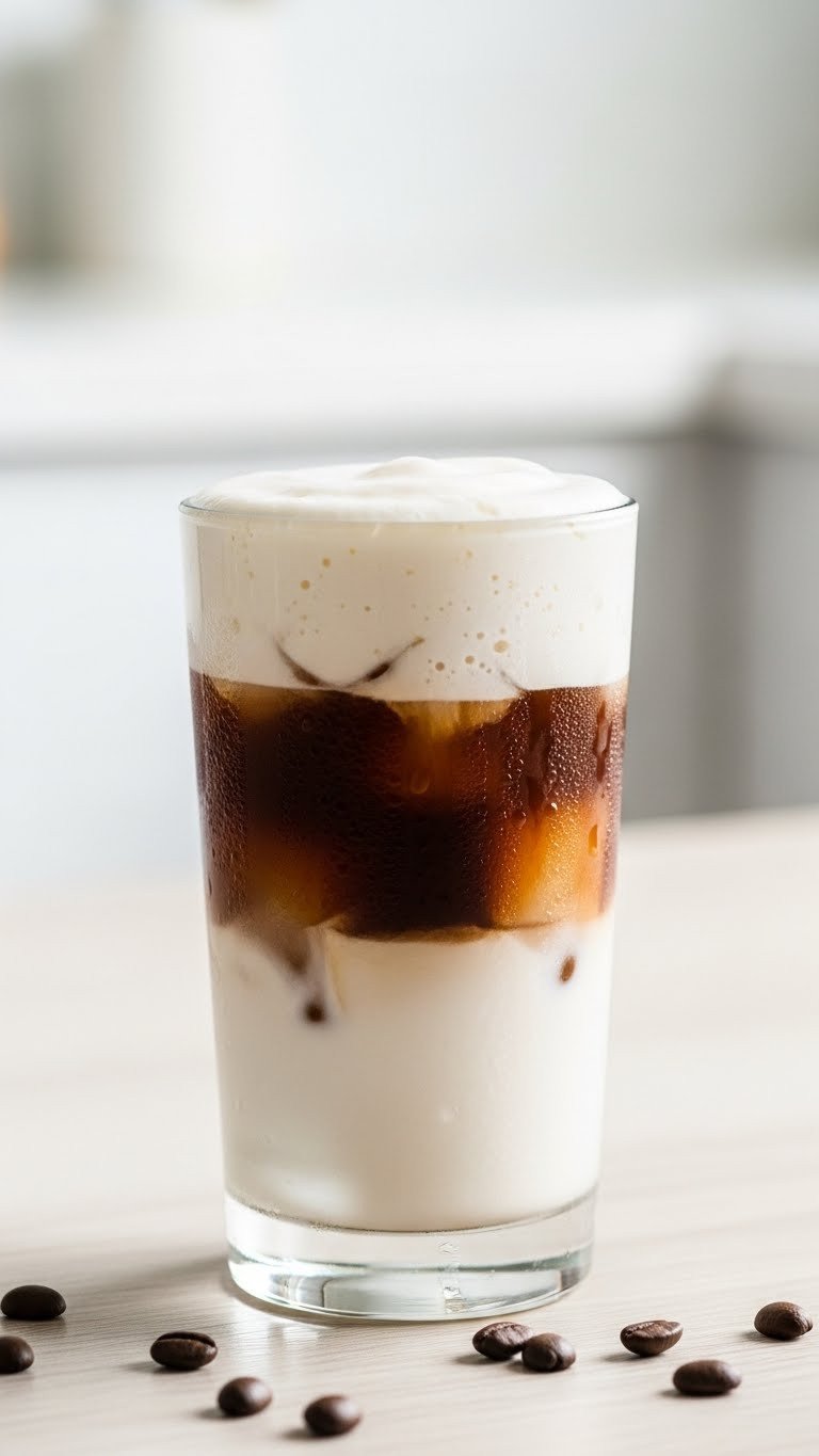 5 Simple Ghost Protein Coffee Recipes You Have to Try 9 Vanilla sweet cream protein cold brew in a glass on a light wooden table
