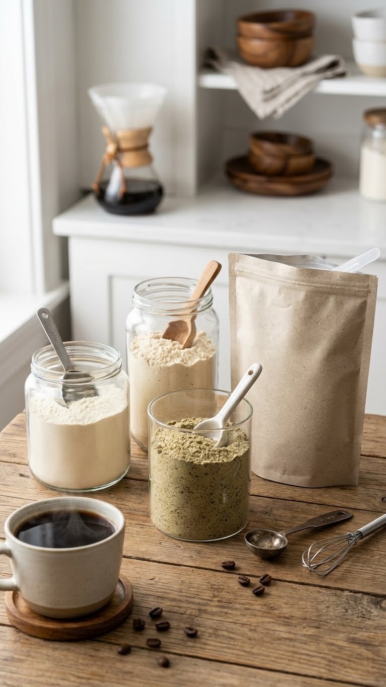 Sugar Free Protein Coffee: Ultimate Guide to Recipes & Brands 9 Various sugar-free protein powders in elegant containers with scoops alongside a hot cup of black coffee on a rustic table.