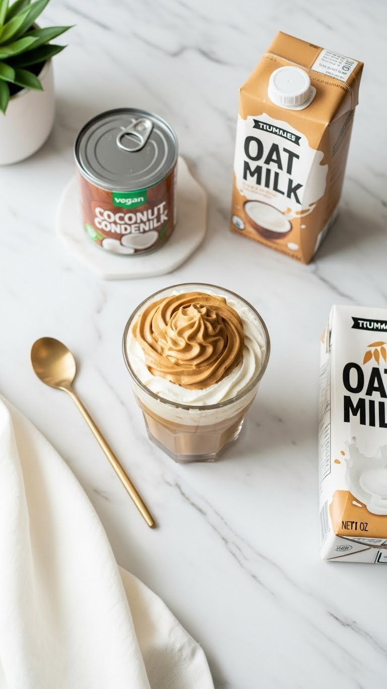 Vietnamese Whipped Coffee Easy Authentic Recipe Guide 7 Vegan Vietnamese whipped coffee in a minimalist glass on white marble, with coconut condensed milk and oat milk.