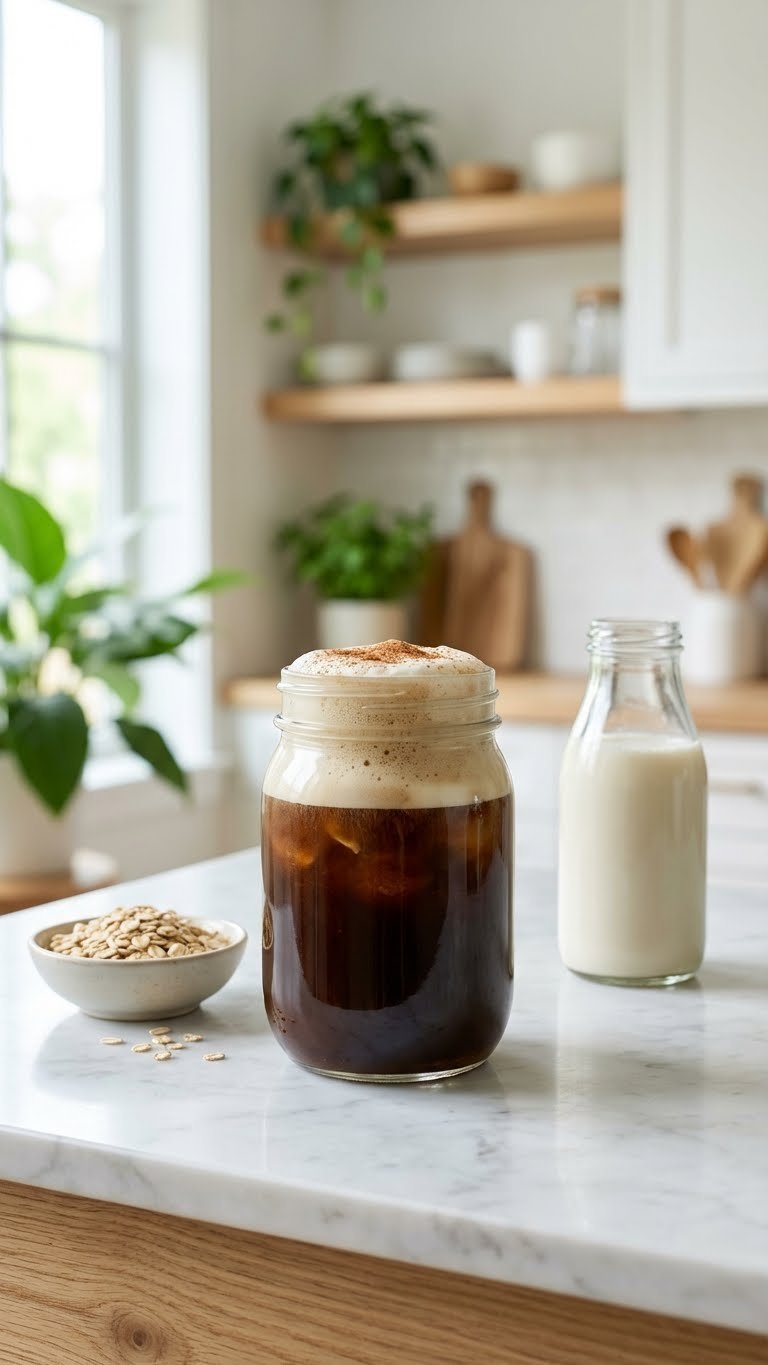 30g Protein Coffee Ultimate Guide Recipes Brands Benefits 5 Vegan cold brew protein coffee in a mason jar with oat milk foam, cinnamon on a minimalist kitchen counter. Plant-based healthy drink.