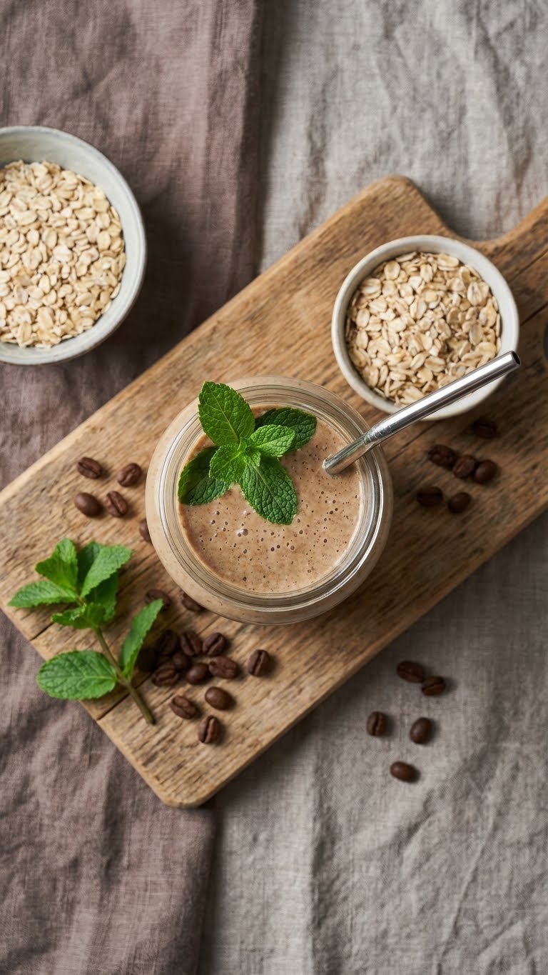 Protein Coffee Smoothie: Delicious Energy & Muscle Boost 5 Vegan cold brew protein smoothie with oats in an eco-friendly glass jar on a natural wooden surface with mint, perfect for flat lay.