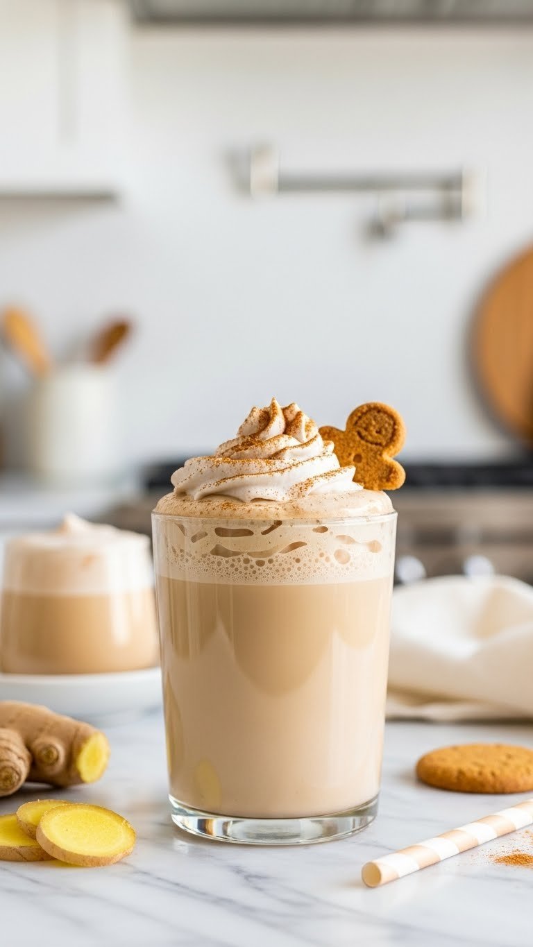 Vegan gingerbread whipped coffee in a sleek glass with fluffy foam, cinnamon, and a plant-based cookie on a marble countertop.