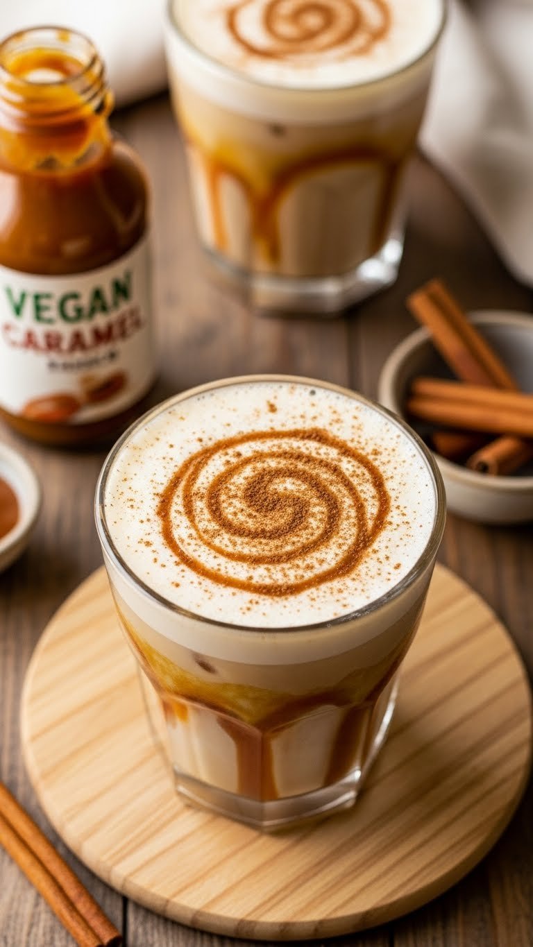 Vegan iced coffee with caramel swirl and cinnamon dusting on rustic wooden table with cinnamon sticks