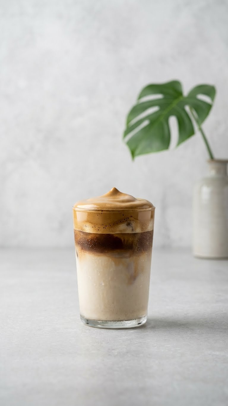Healthy Whipped Coffee Recipe Complete Sugar Free Guide 7 Vegan iced oat milk whipped coffee in minimalist glass with thick foam on light gray stone surface