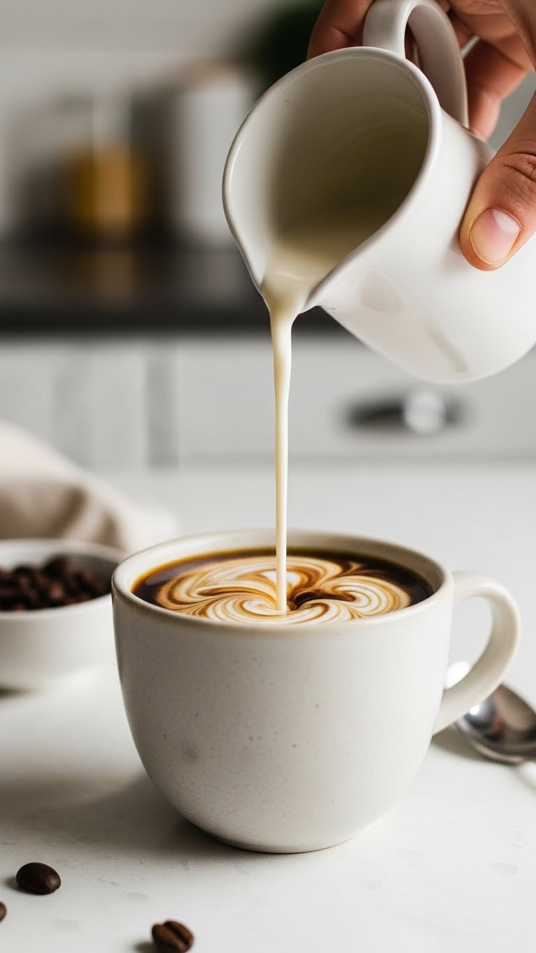 Vegan keto coffee creamer pouring into dark roasted coffee creating marbled patterns in minimalist ceramic mug