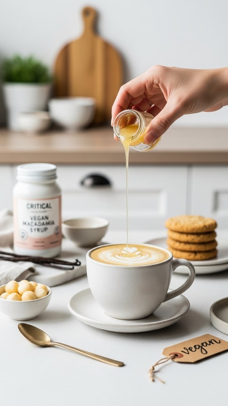 Vegan macadamia nut syrup drizzled over plant-based latte in ceramic cup with whole nuts on clean white table.