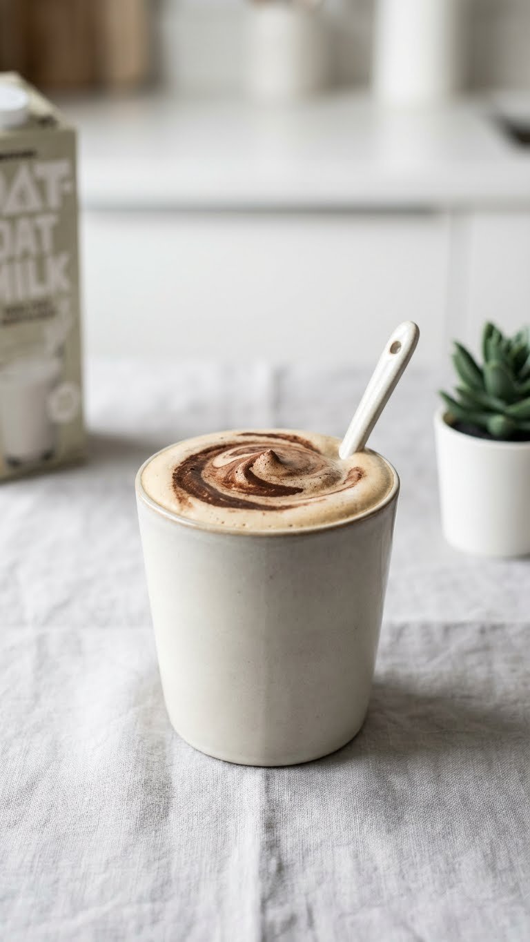 Vegan mocha whipped coffee made with oat milk in minimalist ceramic mug on light gray linen tablecloth