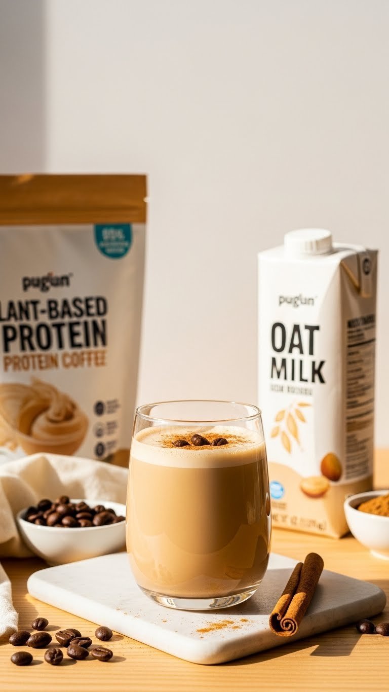 Peanut Butter Protein Coffee: Your Easy 5-Minute Recipe 7 Vegan peanut butter protein coffee with oat milk, garnished with coffee beans on wood, with plant protein and oat milk. Cozy, energizing.