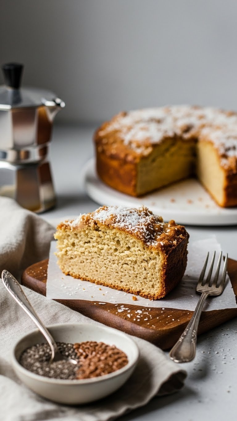 Vegan plant-based protein coffee cake slice with soft texture, coconut sugar, on a wooden board. Healthy dairy-free dessert.