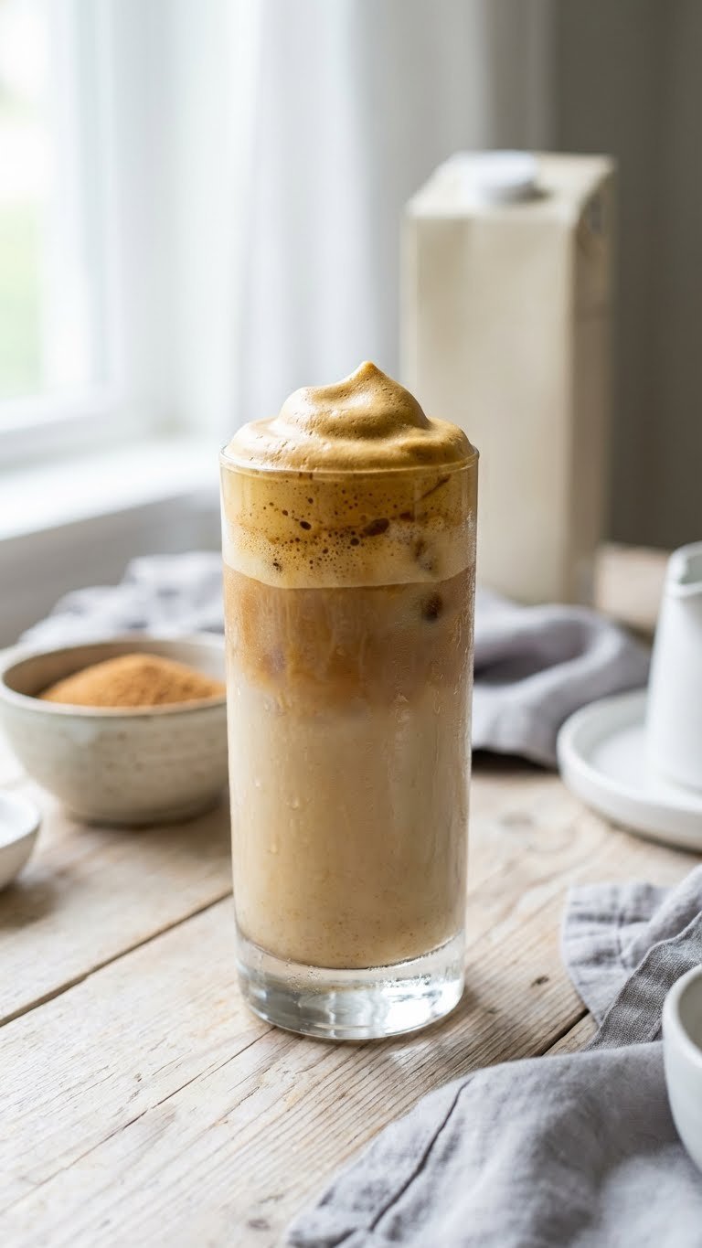 Pumpkin Whipped Coffee Recipe Easy Creamy Dalgona Style 9 Vegan pumpkin whipped coffee with oat milk in glass on light wood surface with natural ingredients