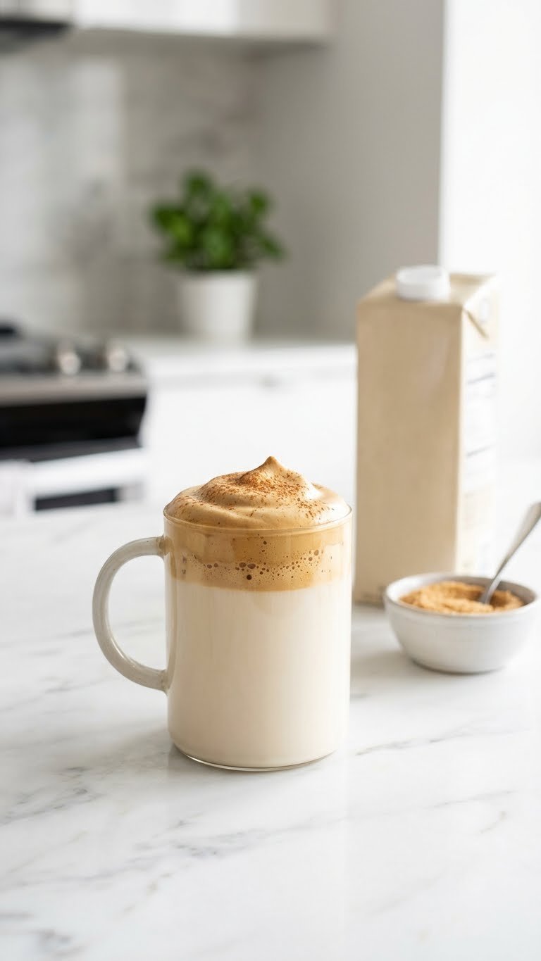 Vegan vanilla whipped coffee in minimalist ceramic mug with creamy oat milk and fluffy foam on light marble countertop