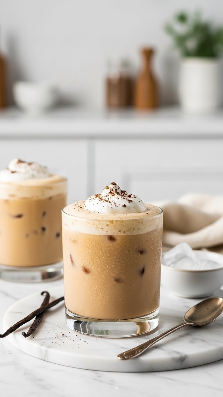 Velvety vanilla iced coffee topped with whipped cream and coffee grounds on elegant marble surface