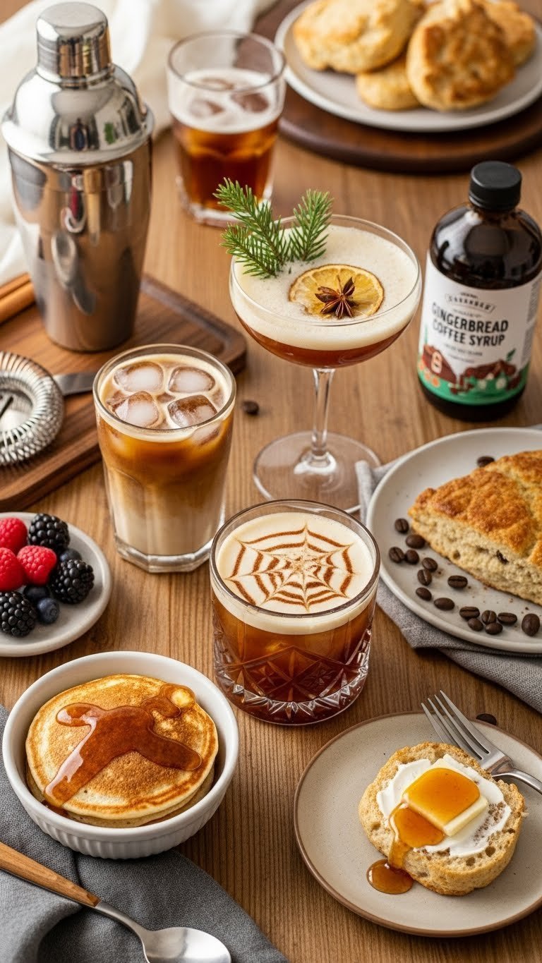 Versatile uses for gingerbread coffee syrup including pancakes, iced coffee, cocktails, and toast arranged on rustic table