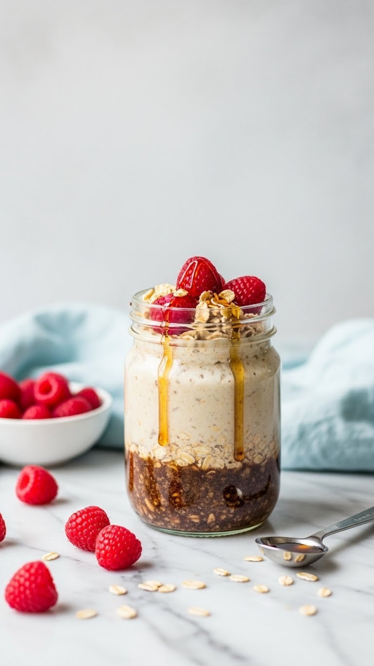 Vibrant Dairy-Free Vanilla Cold Brew Protein Oats in jar with fresh raspberries & maple syrup. Creamy texture, marble counter, bright light.