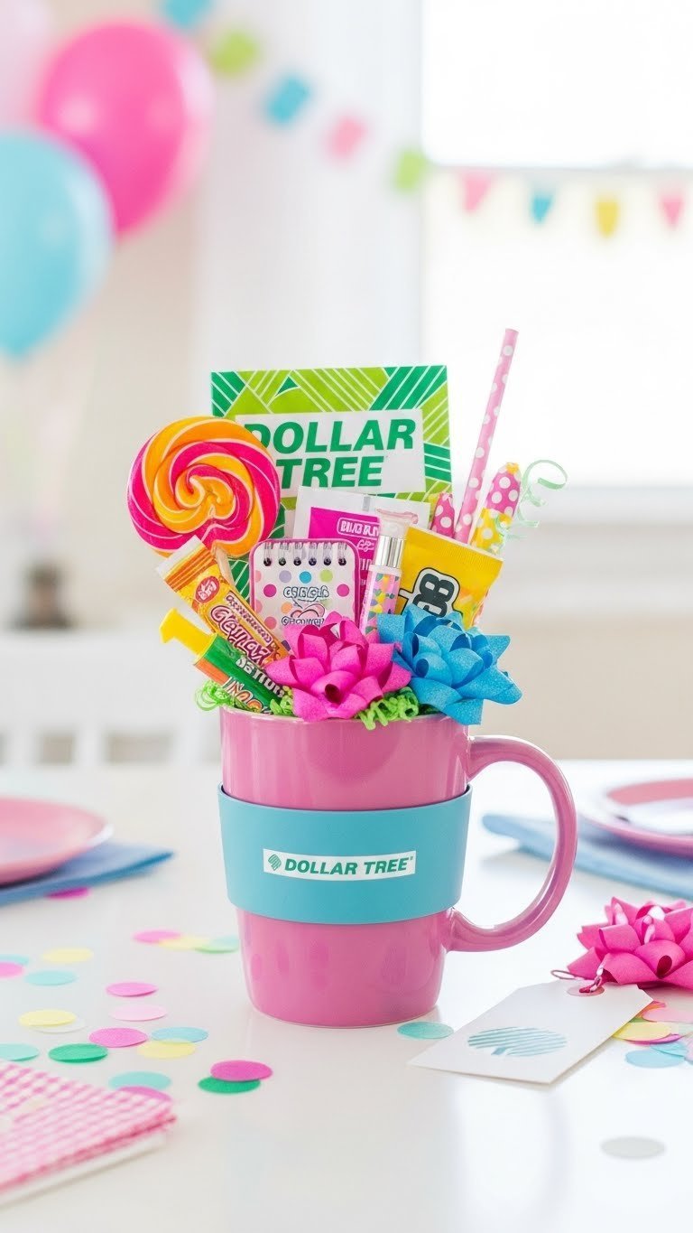Vibrant Dollar Tree coffee mug creatively filled with candies and stationery on white table
