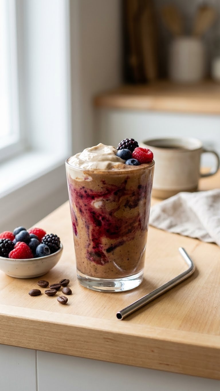 Complete High Protein Coffee Recipes For Busy Mornings 15 Vibrant berry bliss protein coffee smoothie in clear glass with purple-red swirls, creamy topping, and fresh berries.
