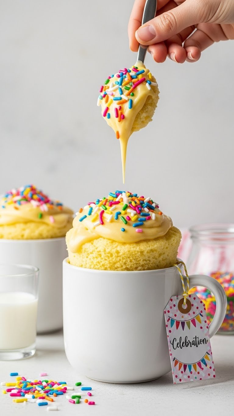 Vibrant birthday cake batter protein mug cake with colorful sprinkles, vanilla glaze in white mug. Fun celebration dessert.