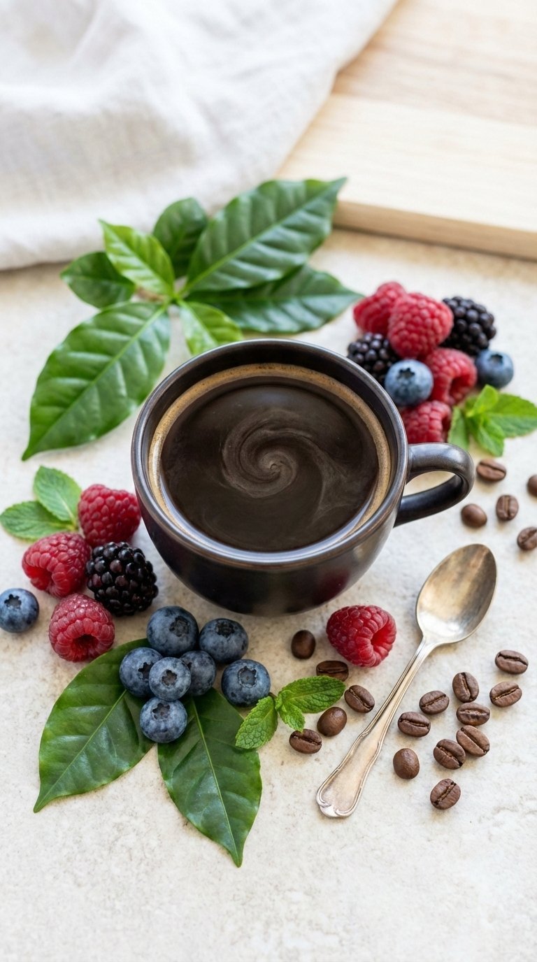 Vibrant black coffee with colorful antioxidant berries in top-down flat lay arrangement on light textured surface