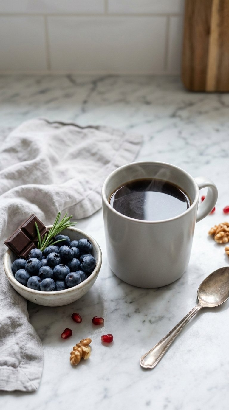 Black Coffee Benefits: Unlock 7 Essential Health Advantages 7 Vibrant black coffee with fresh blueberries and antioxidant-rich foods on marble countertop