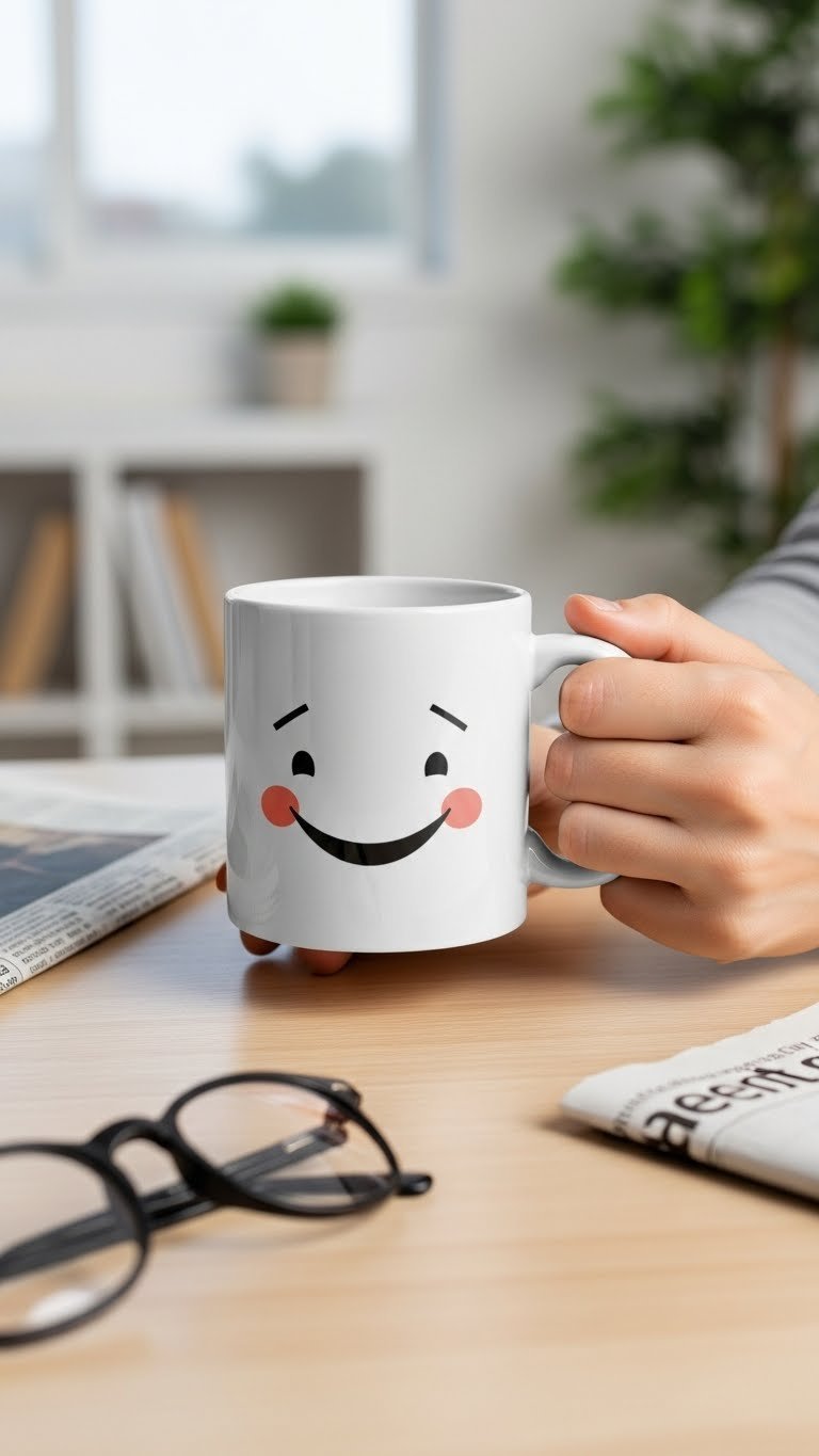 Vibrant ceramic funny coffee mug with playful graphic design held casually on light wooden desk in home office.