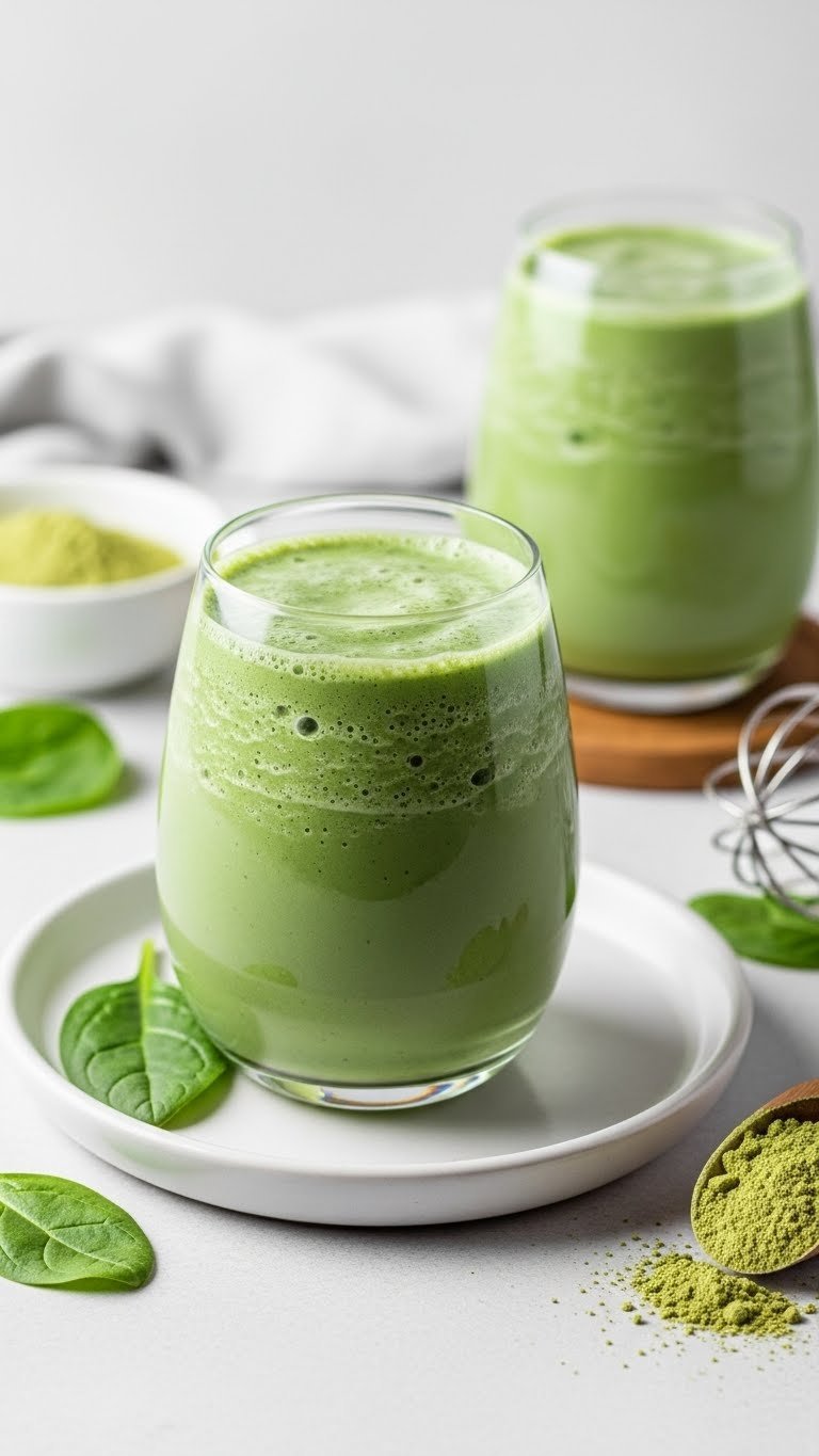 Vibrant emerald-green matcha protein coffee in curved glass with foam on a white plate, spinach background.