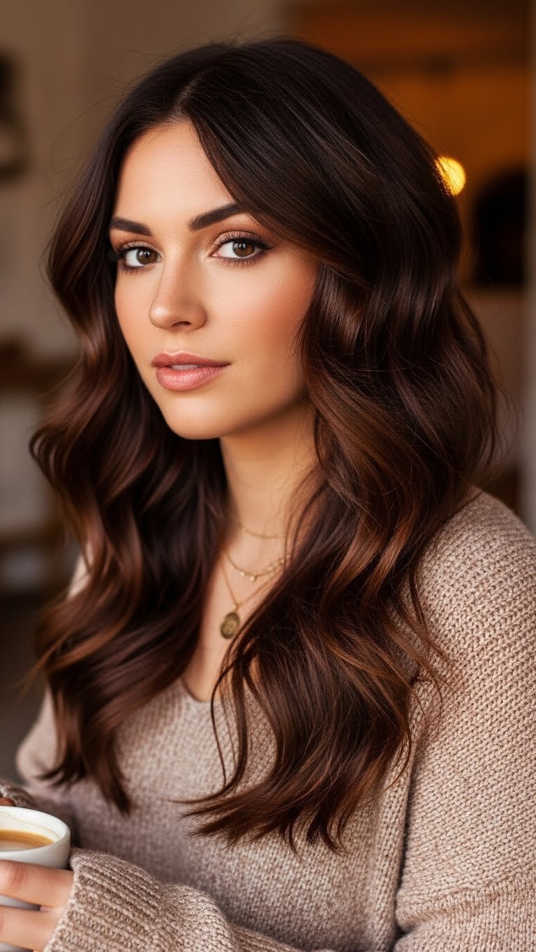 Vibrant espresso brunette hair with warm reddish undertones styled voluminously in golden hour lighting