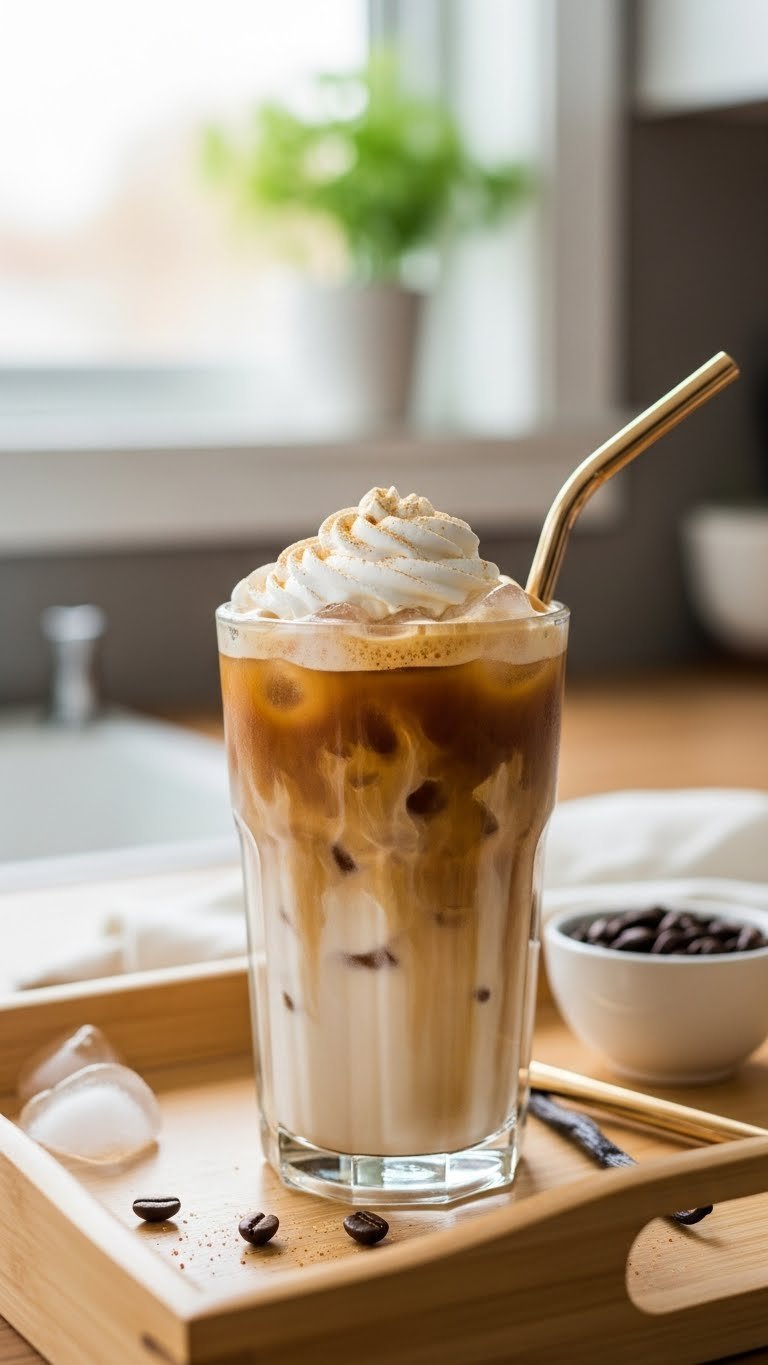 Vibrant golden-brown iced coffee in clear glass with white heavy cream swirl and sugar-free vanilla foam topping