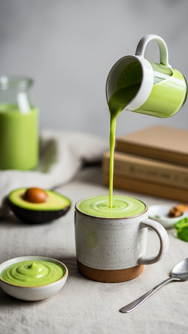 Vibrant green keto coffee smoothie in rustic ceramic mug with avocado slices on linen tablecloth