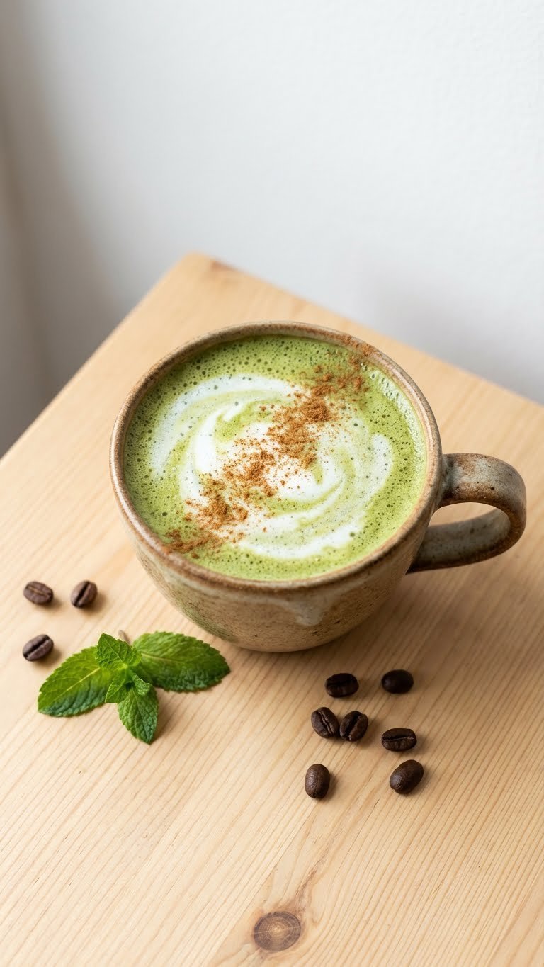 Protein Coffee: 7 Easy Recipes for Energy & Muscle 7 Vibrant green plant-based power coffee in a rustic ceramic mug with oat milk swirl, cinnamon, and mint on a light wooden table.