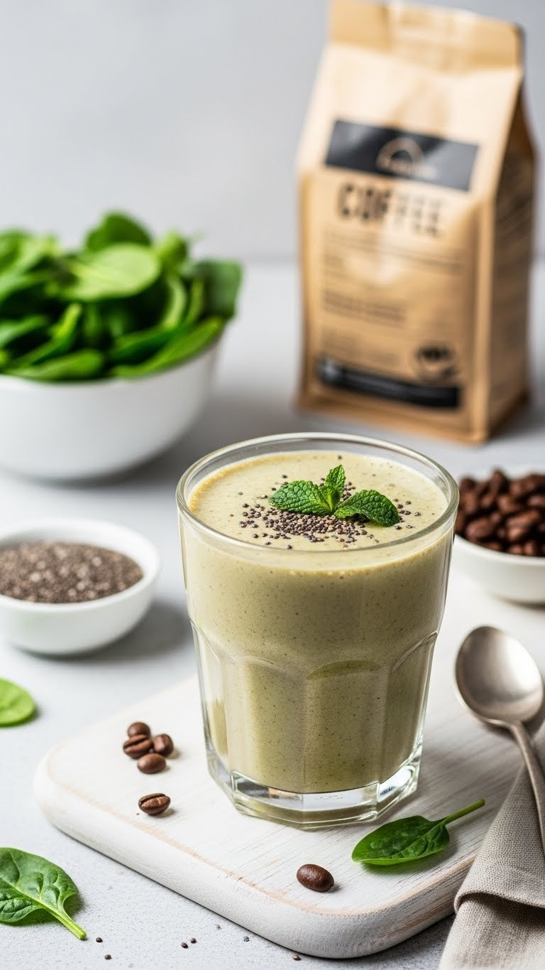 Protein Coffee Shake: 7 Easy Recipes for Energy & Health 11 Vibrant green protein coffee smoothie with mint leaf and chia seeds in a glass, surrounded by fresh spinach and coffee beans.