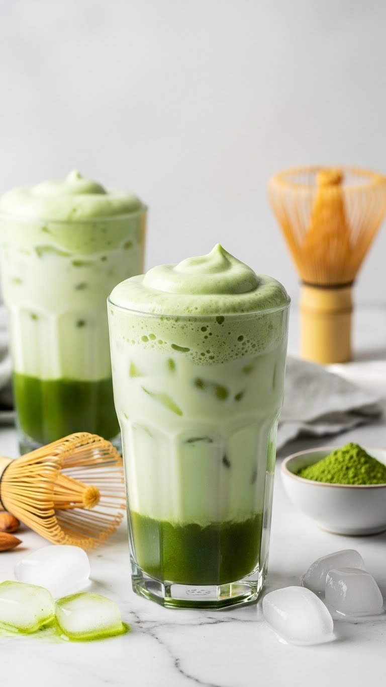 Protein Coffee Cold Foam: 7 Easy Homemade Recipes 11 Vibrant iced matcha protein cold foam drink with distinct green layers, bamboo whisk, matcha powder on white marble.