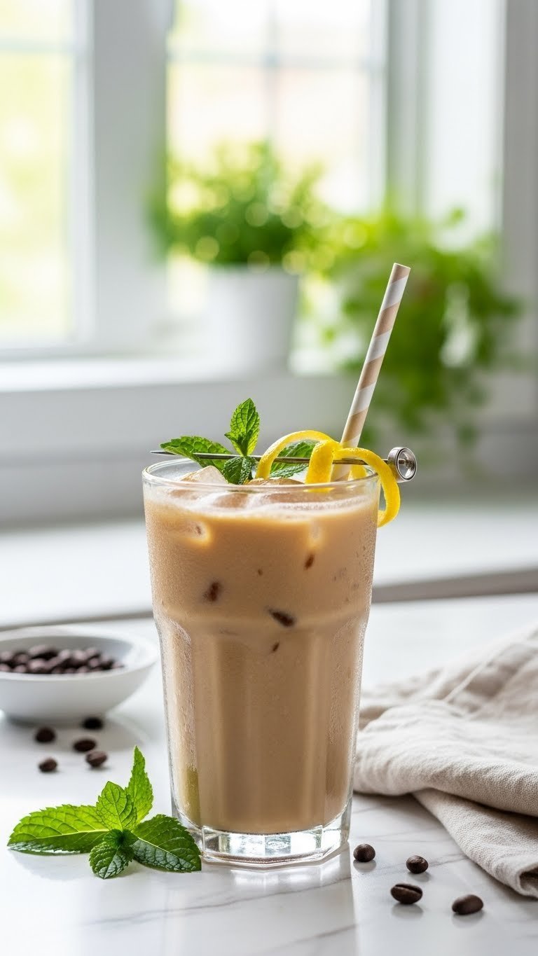 Protein Coffee Shake: 7 Easy Recipes for Energy & Health 9 Vibrant iced protein coffee shake with mint and lemon twist in a tall, beaded glass on a white marble countertop.