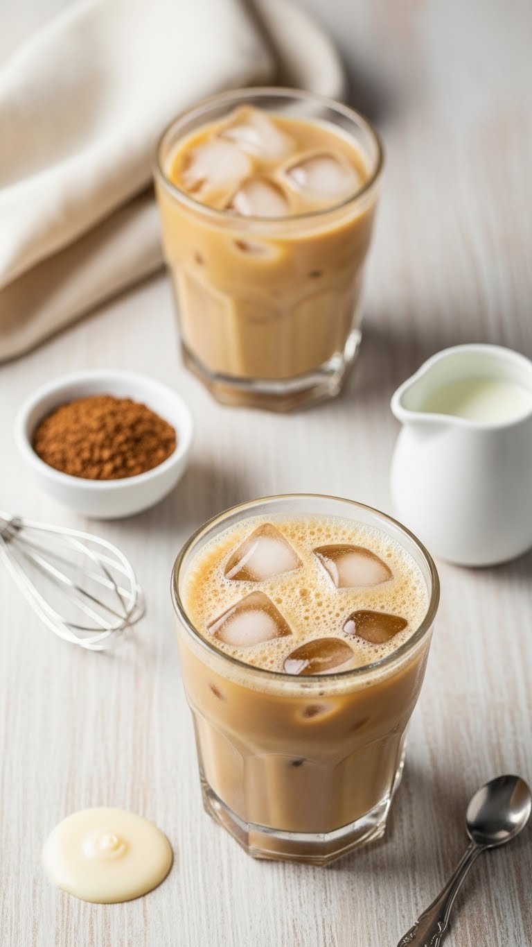 Iced Coffee with Condensed Milk: Ultimate Guide for Beginners 5 Vibrant instant iced coffee with condensed milk and delicate foam in clear glass on light wooden table with coffee granules.