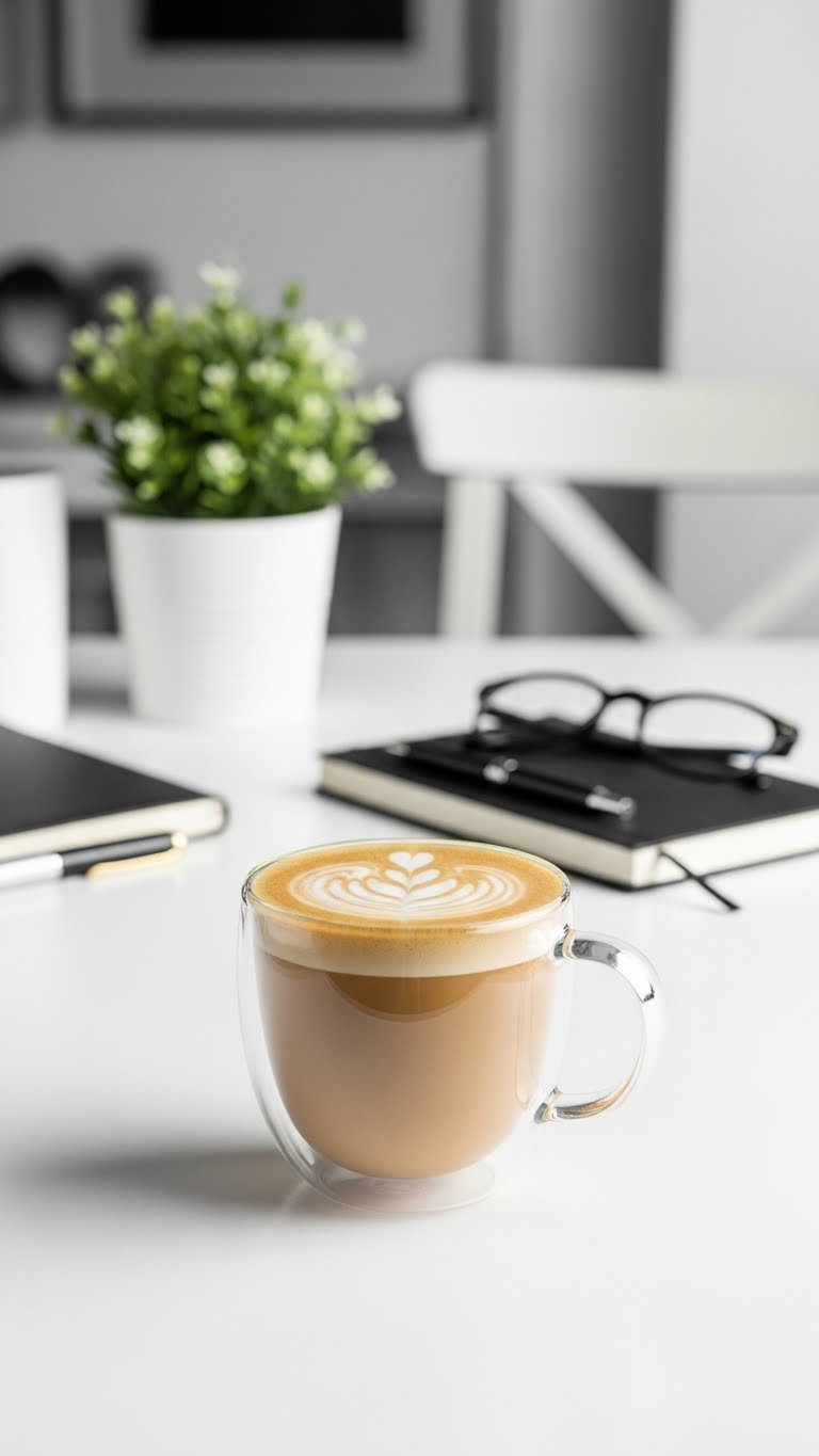 Vibrant keto focus coffee in sleek glass mug on minimalist white desk workspace