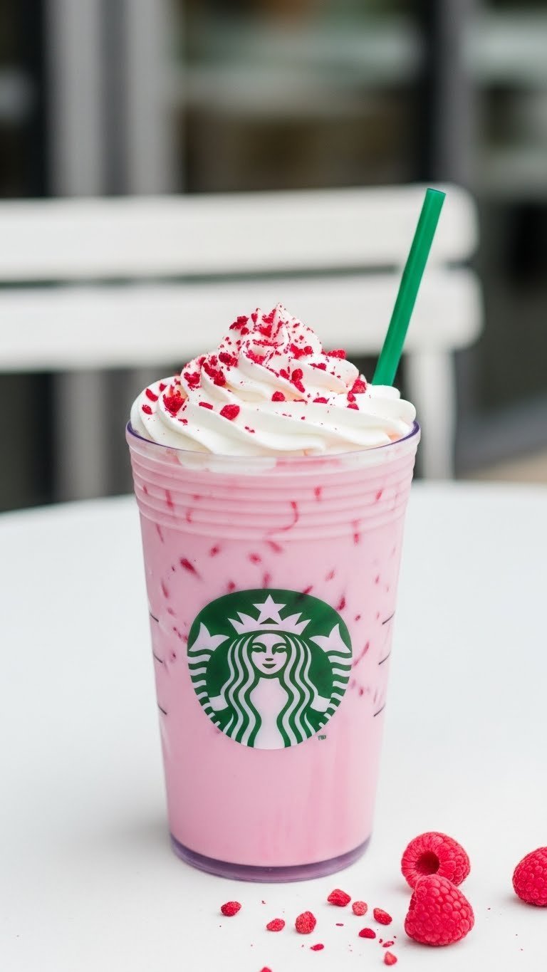 Vibrant keto pink drink in Starbucks cup with heavy cream swirl and freeze-dried berries floating in ice on clean white table