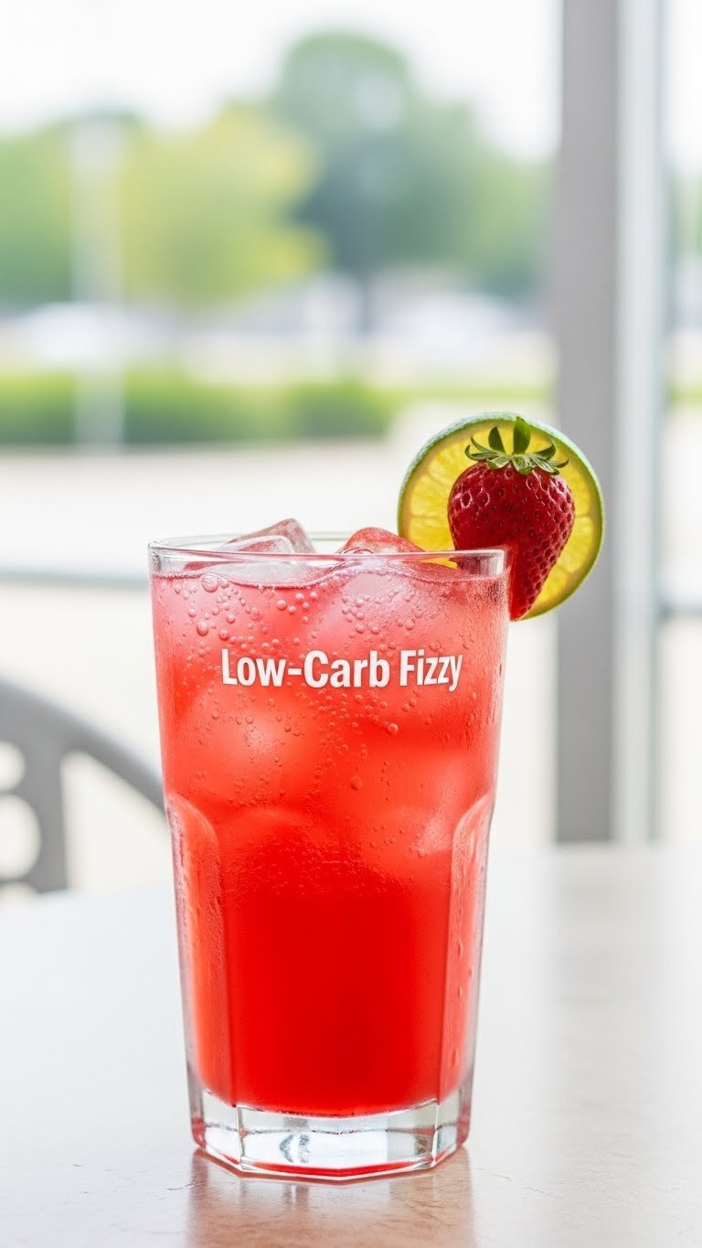 Vibrant low-carb sparkling fizz drink in tall glass with ice cubes and fresh fruit slice on patio table.