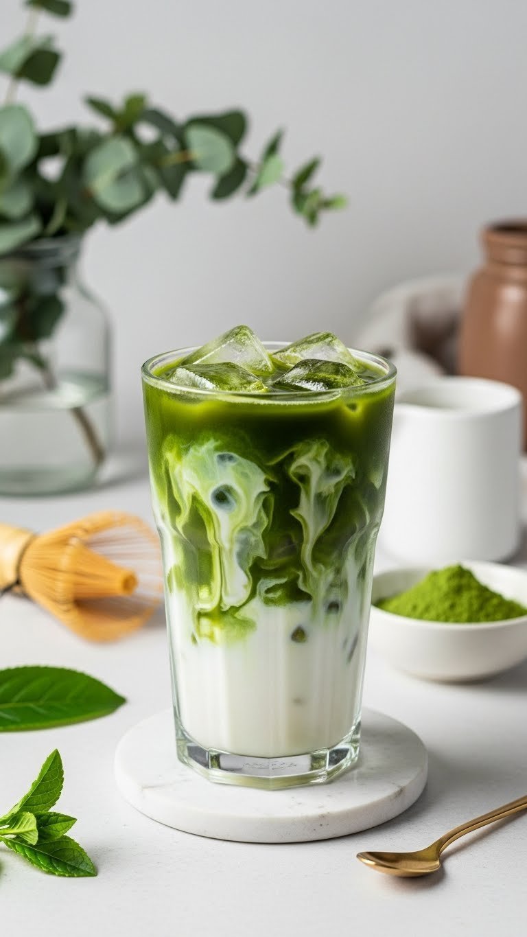 Vibrant matcha swirl iced latte in clear glass with green tea and creamy milk layers on white ceramic coaster