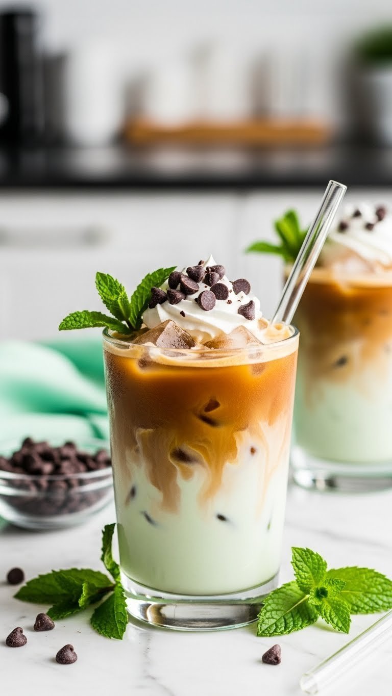 Vibrant mint chocolate chip iced coffee with chocolate chips, fresh mint, and pale green hue on white marble surface.
