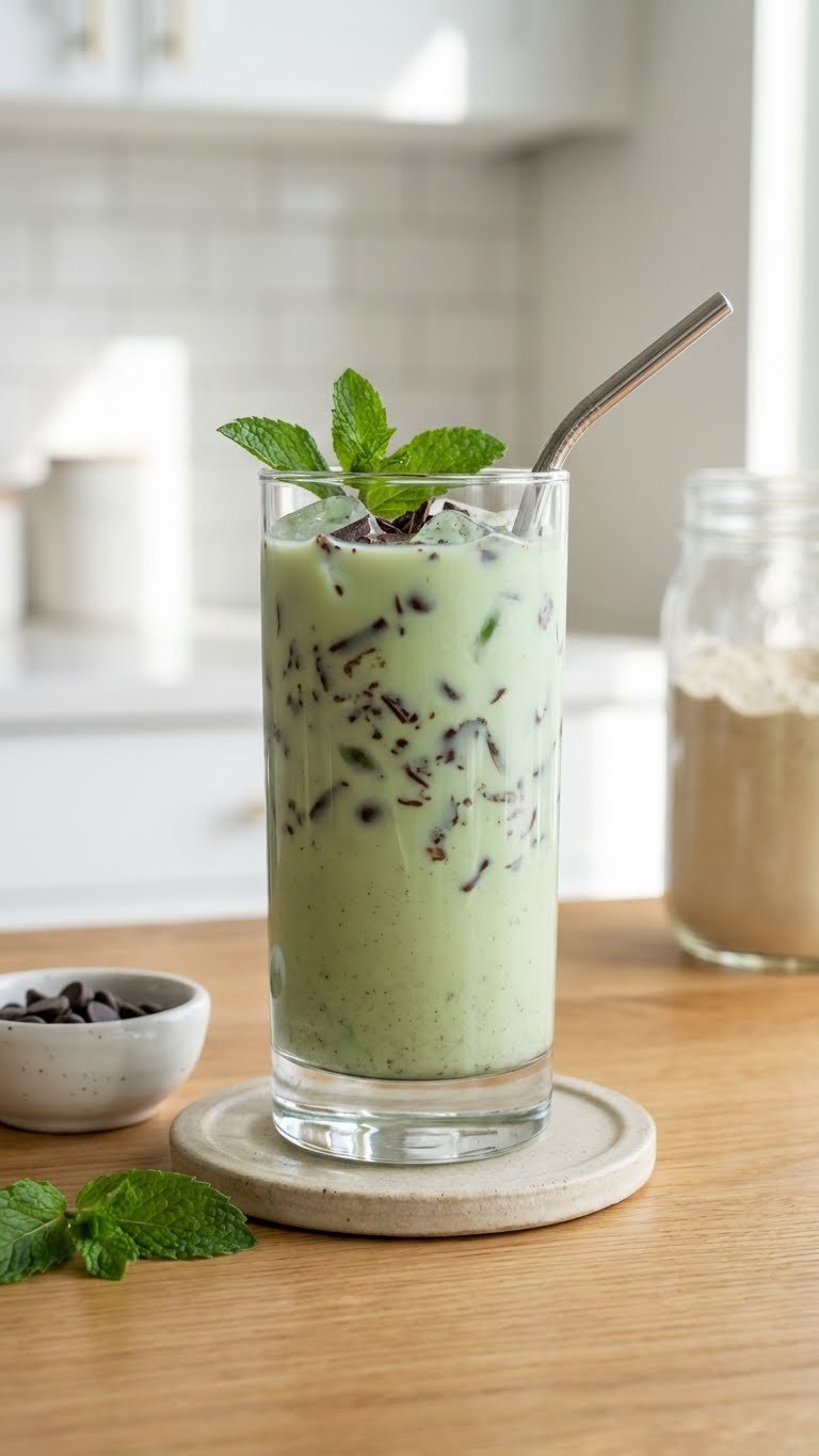 Cold Brew Protein Coffee: 7 Delicious Recipes for Energy 13 Vibrant mint chocolate chip protein cold brew with dark chocolate flecks, ice, and fresh mint in a clear glass.