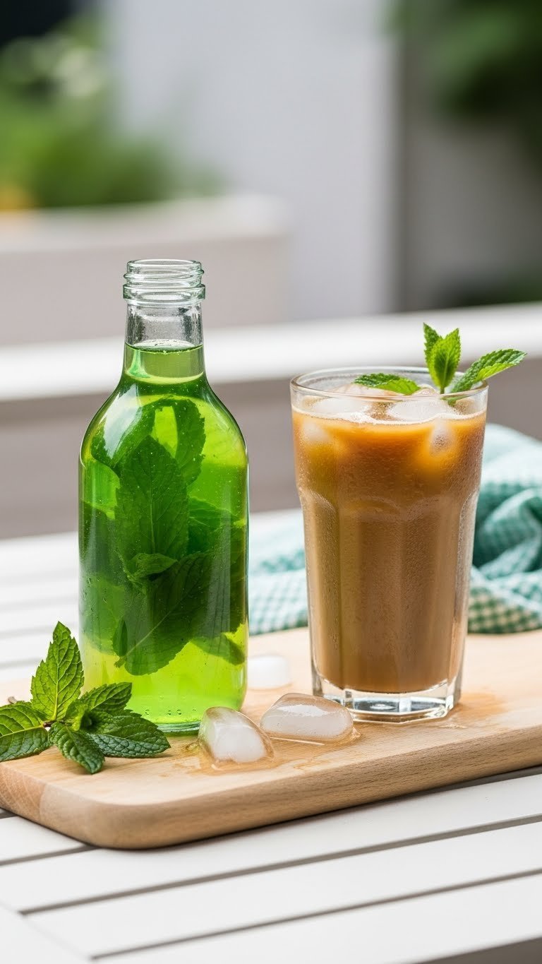 Vibrant mint simple syrup in clear bottle with fresh mint leaves and iced coffee garnish