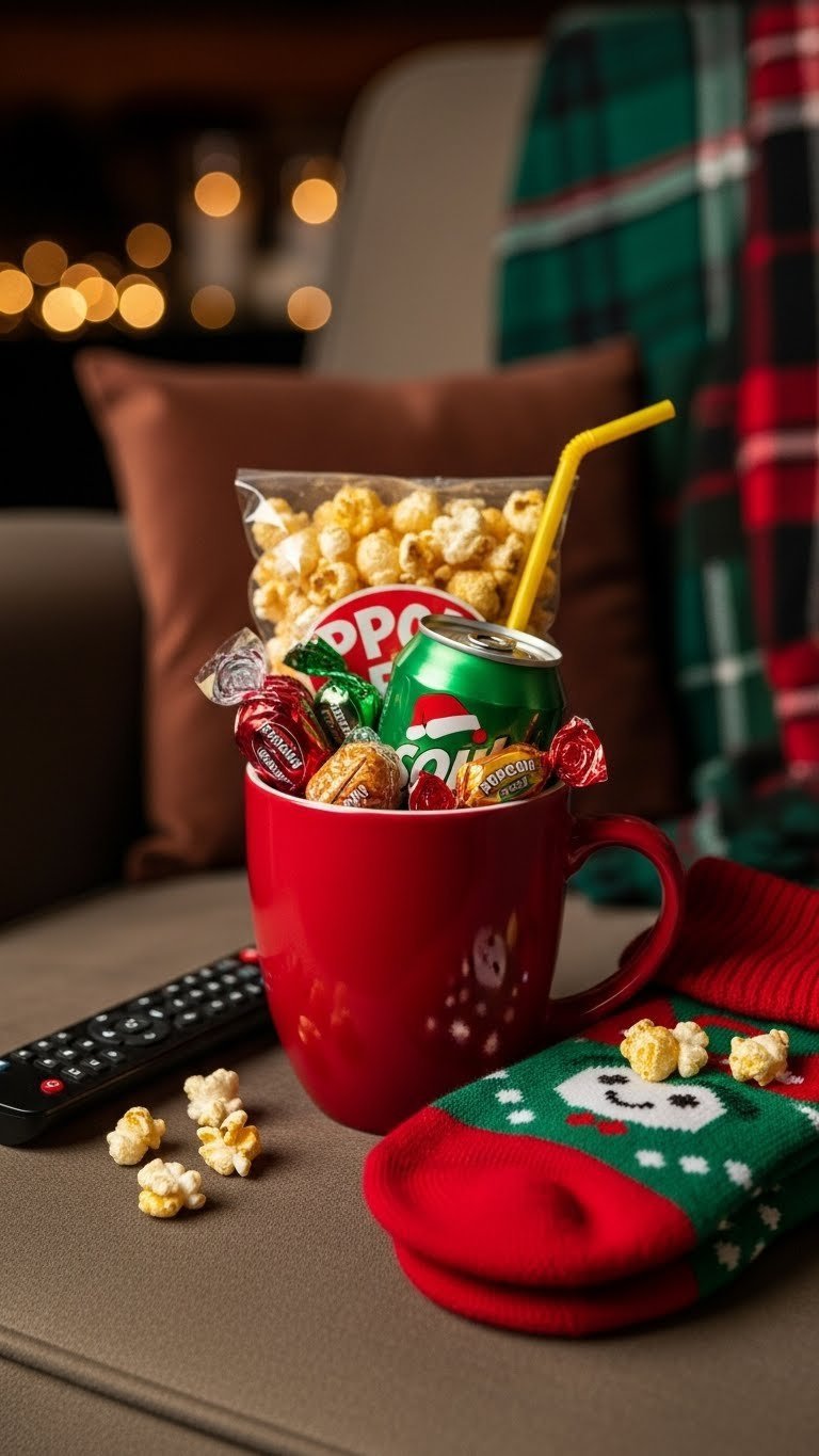 Vibrant movie night mug bursting with popcorn, candy, and holiday socks on plush velvet armchair