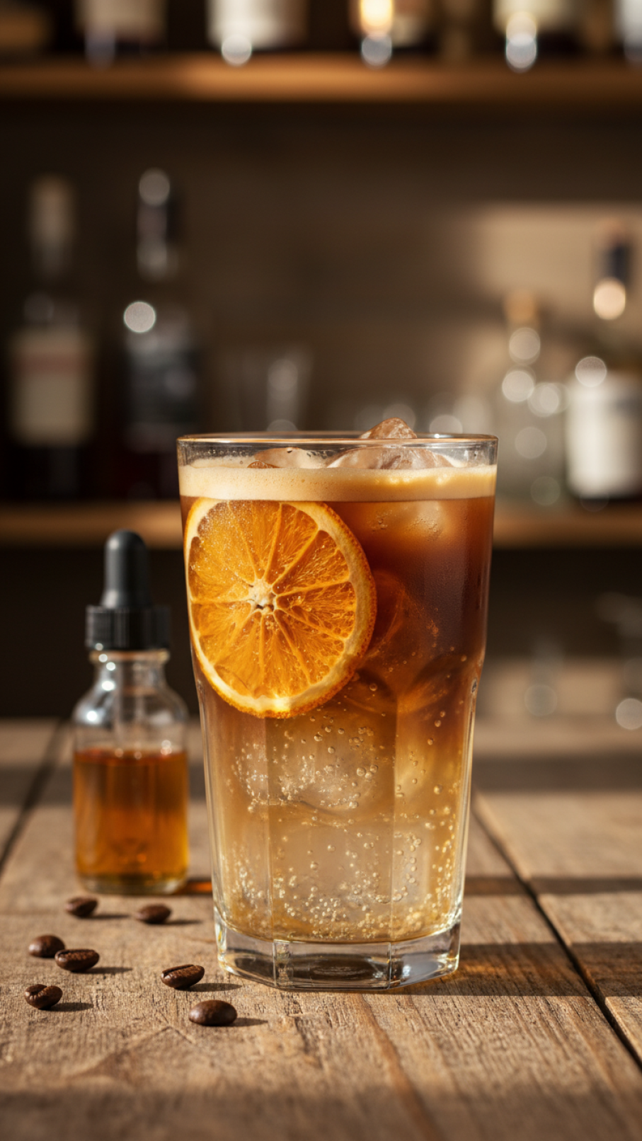Vibrant orange espresso tonic in stylish glass with dehydrated orange wheel garnish on rustic wooden table