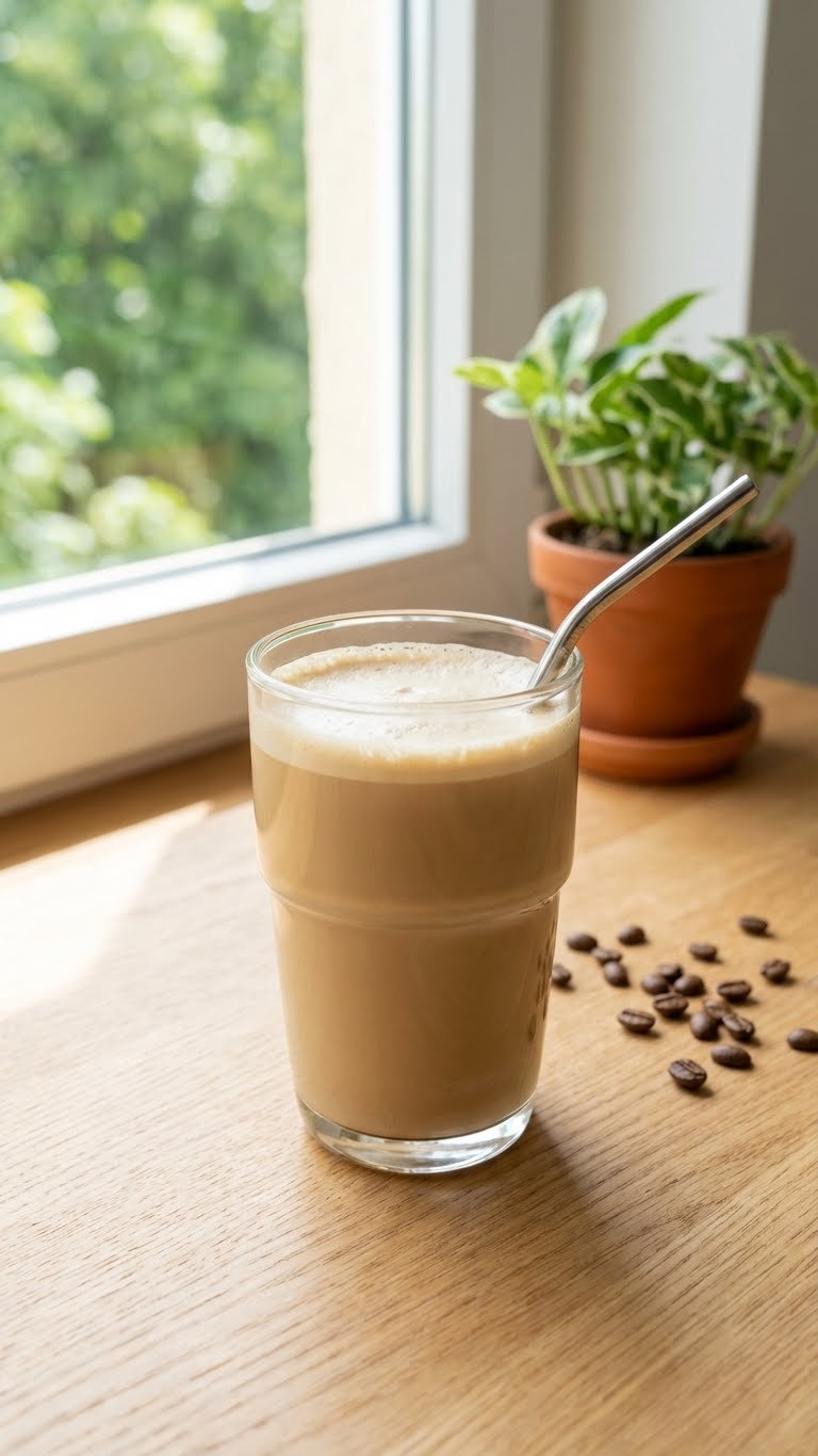 Complete High Protein Coffee Recipes For Busy Mornings 9 Vibrant plant-based protein brew in a modern glass cup with foam, on light wood, with green background and houseplant.