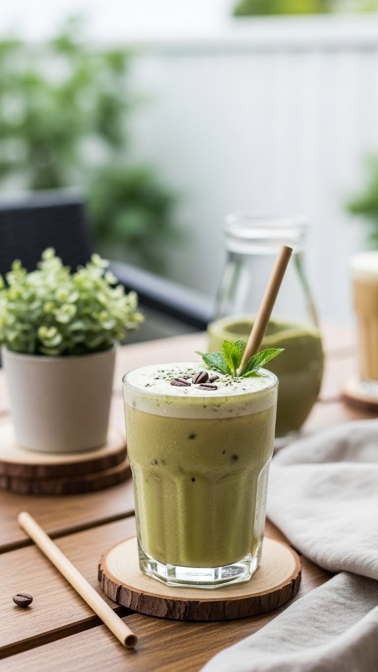Vibrant plant-based protein iced coffee with fresh mint garnish on rustic wooden table in garden setting