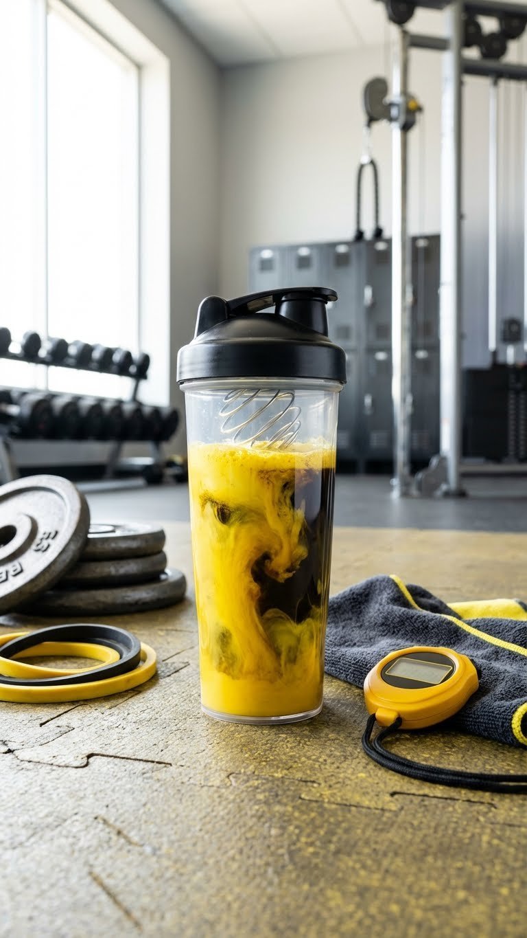 30g Protein Coffee Ultimate Guide Recipes Brands Benefits 9 Vibrant pre-workout protein coffee in clear shaker bottle with frothy swirl on gym bench. Dynamic energy drink for fitness performance.