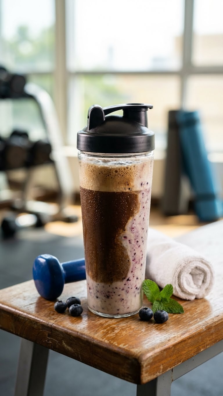 Vibrant pre-workout protein coffee smoothie with berries in a sleek shaker on a gym bench with fitness tracker for energy.
